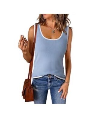 SOFT Light Blue Scoop Neck Tank Top with White Trim Size L